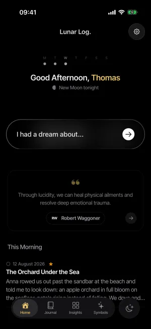 The Lunar Log home screen: a greeting under tonight's moon above a capture field reading 'I had a dream about…'
