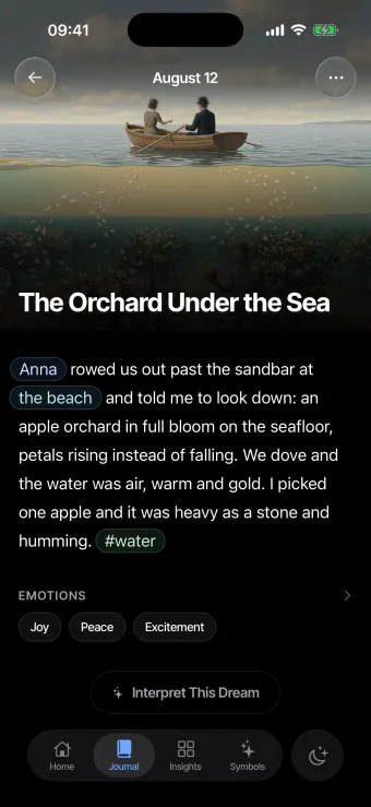 A dream entry, The Orchard Under the Sea, with a painted header of a rowboat above a blossoming orchard on the seafloor.