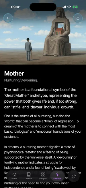 The Mother symbol page in Lunar Log, with a painted emblem above an essay on the Great Mother archetype.